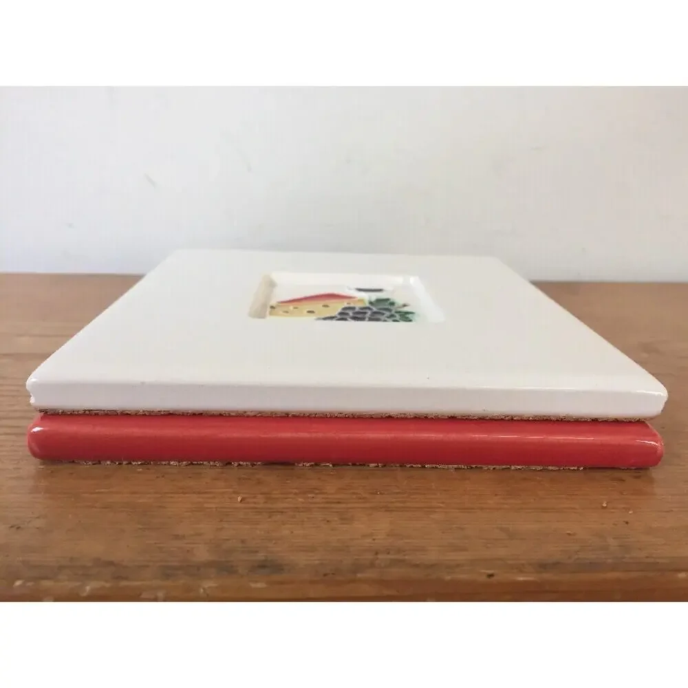 Pair Vtg Tomato Cheese Wine Red White Cork Backed Ceramic Tile Trivets 6